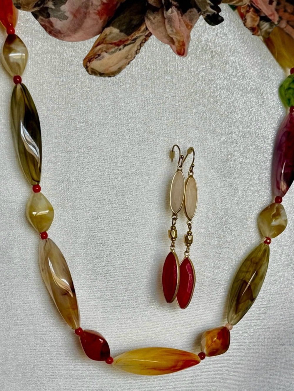Long Beaded Necklace Earring Set Multi Color Boho Earthy Acrylic Stones Artisan